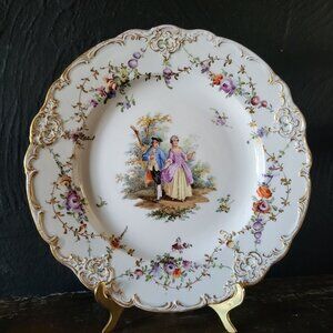 Antique Meissen Plate Courting Couple Romantic Scene Floral Design 8.75"
